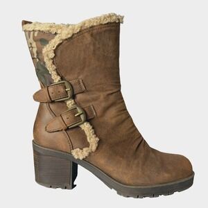 Baretraps Tevin Taupe Faux Fur Trim Camo Buckle Mid Calf Boots Womens 8M